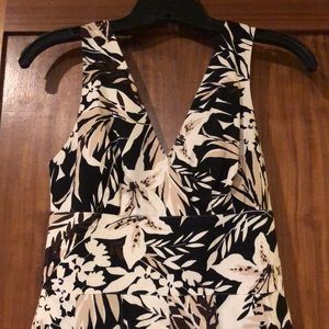 White House v-neck dress in white, black, brown and tan